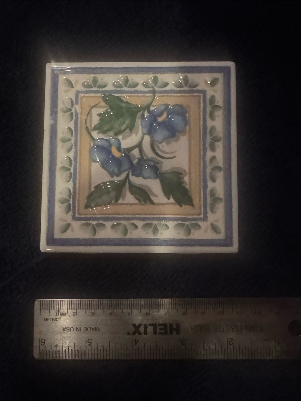 Hand-Painted Blue Floral Ceramic Tile Art 4 sq in